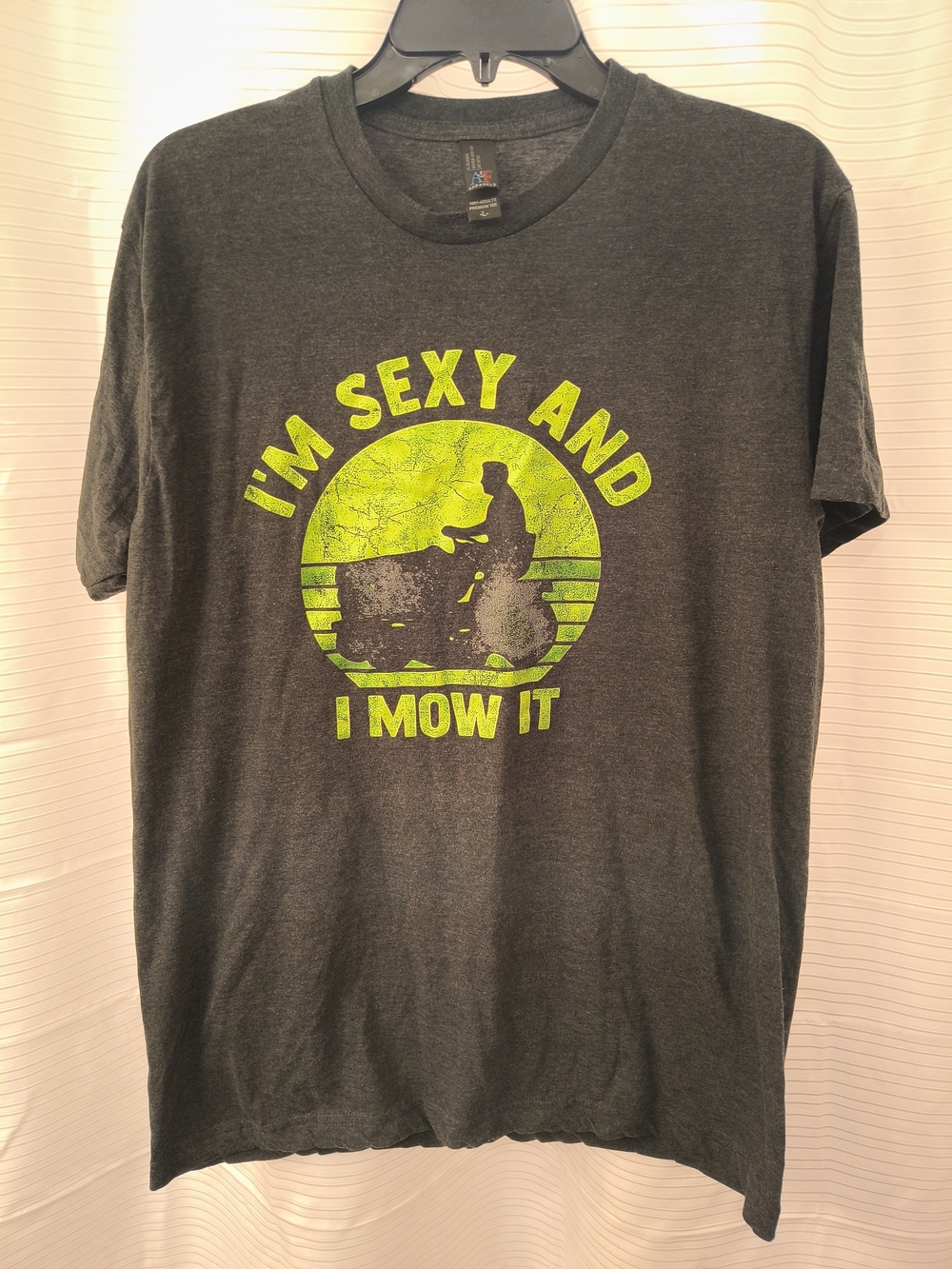 Dark Gray Short-Sleeve Graphic Tee with Neon Green Lawn Mower Print